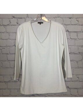Judy P White V Neck Top Size M Stretch Knit 3/4 Sleeve